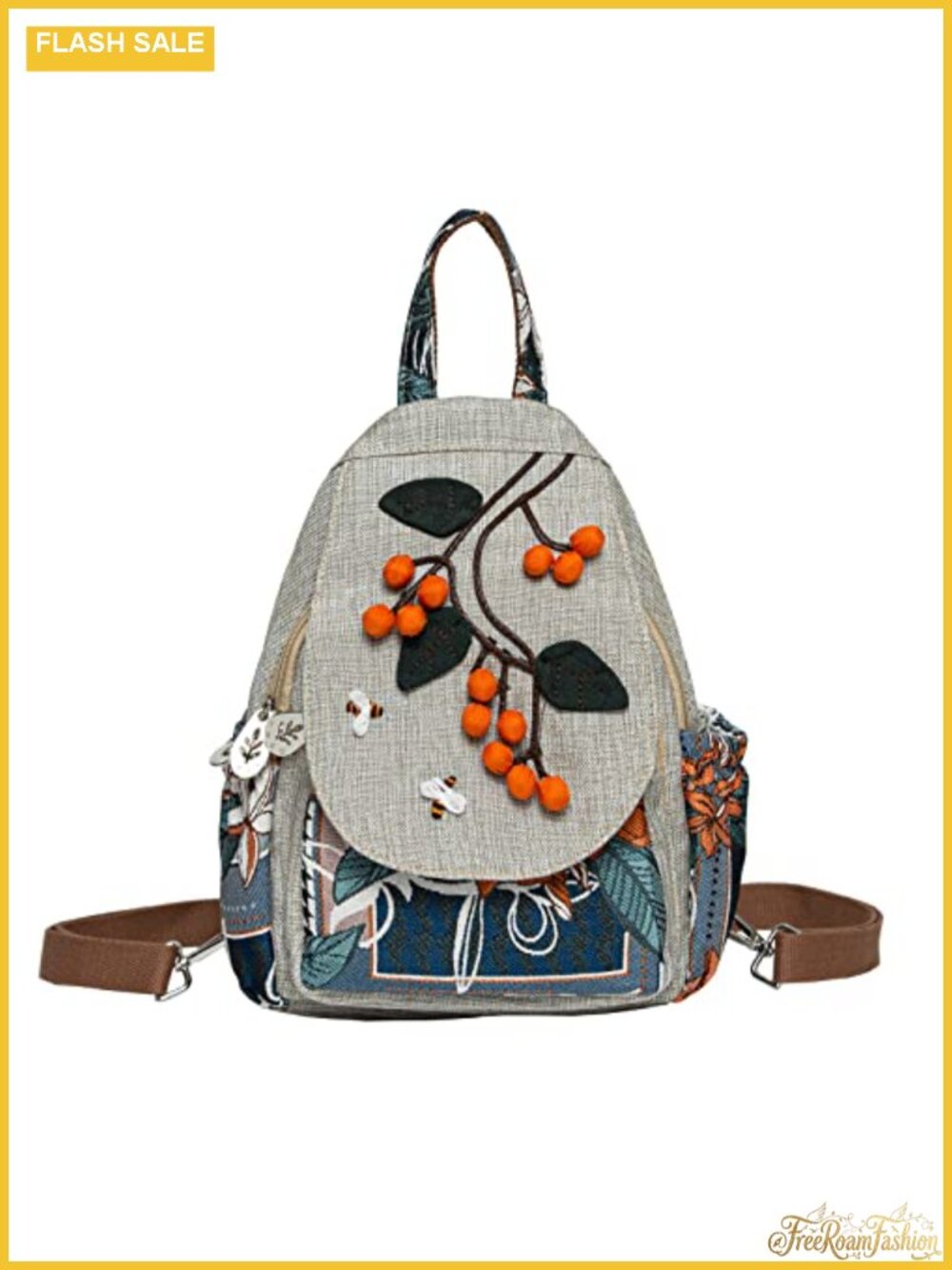 Boho Canvas Mini Backpack Women 3D Berry Decor Handmade Floral Daypack
